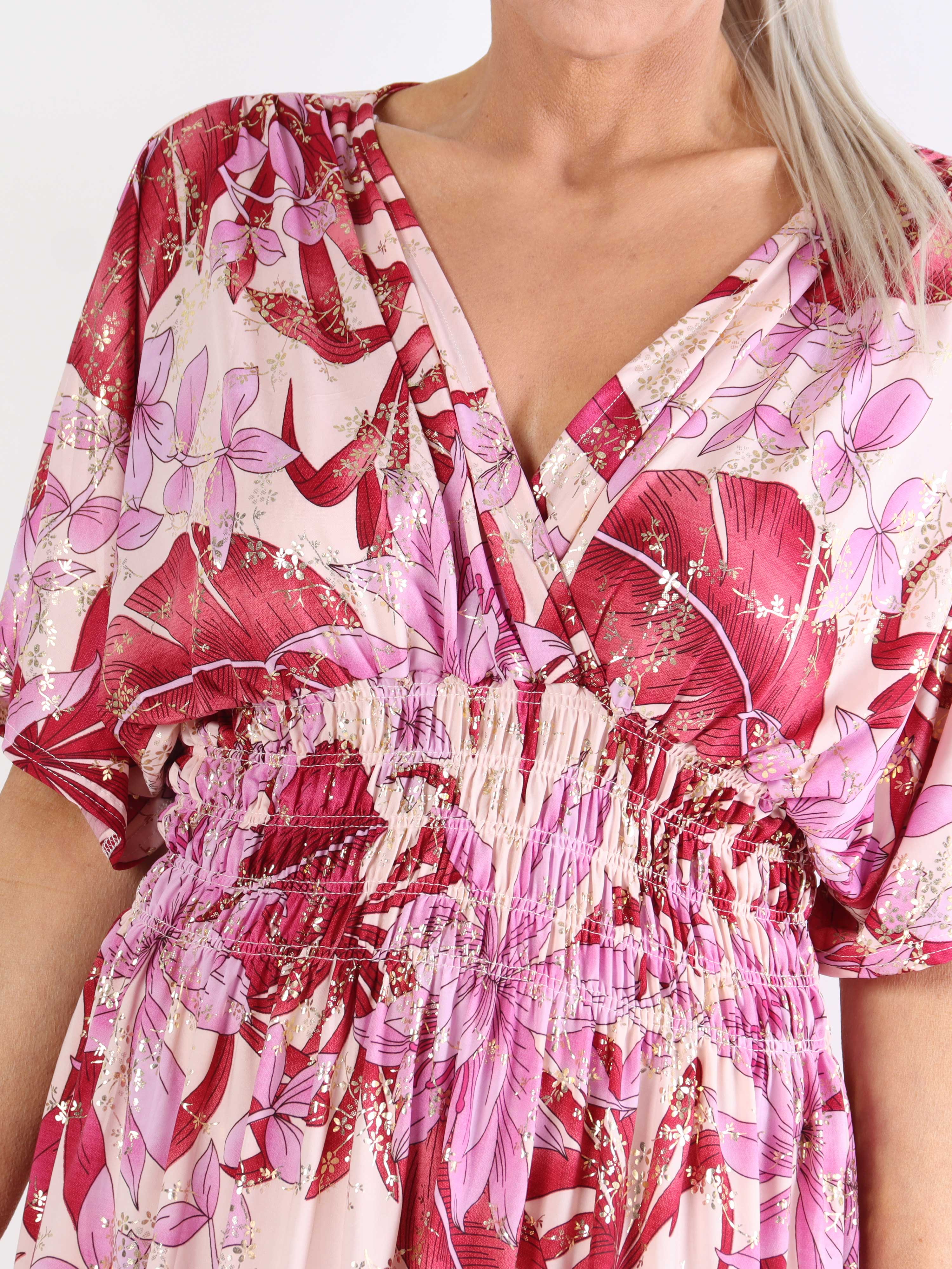 Pams short S/S - Blommig plus size-klänning med resår och smock
